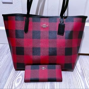COACH City Tote bag With Buffalo Plaid Print + Slim Wallet set